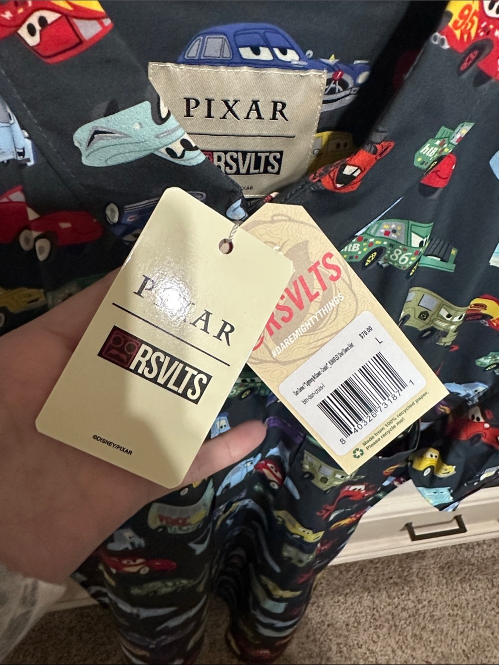 NWT RSVLTS Black Short-Sleeve Button Shirt with Multicolor Car Print Size Large - Picture 2 of 4